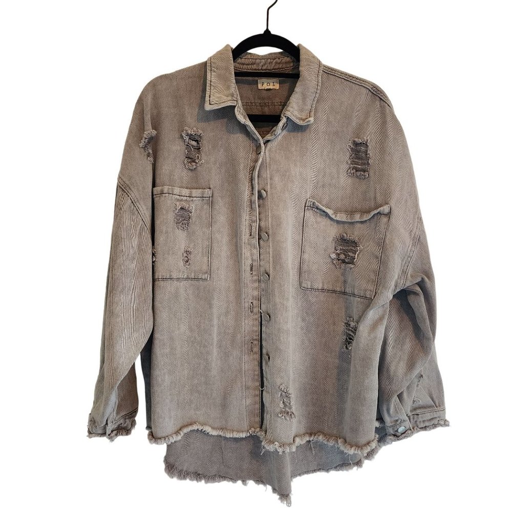Pol Distressed Faded Raw Hem oversized Denim Jean Jacket Womens size M